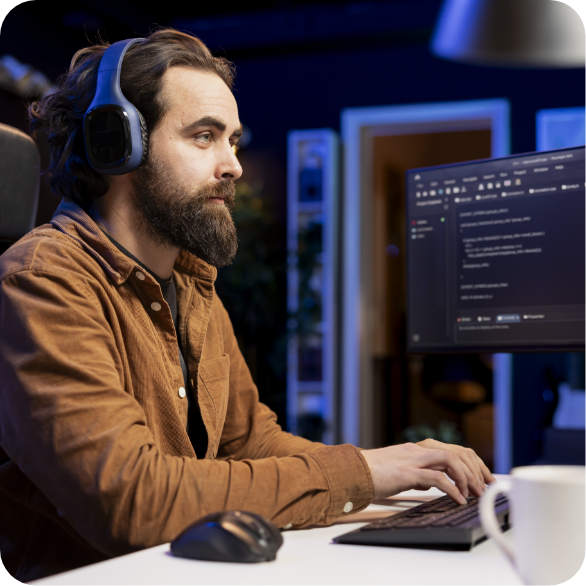 Cybersecurity Expert Enjoying Audiobooks Using Pc Patch Security Exposures